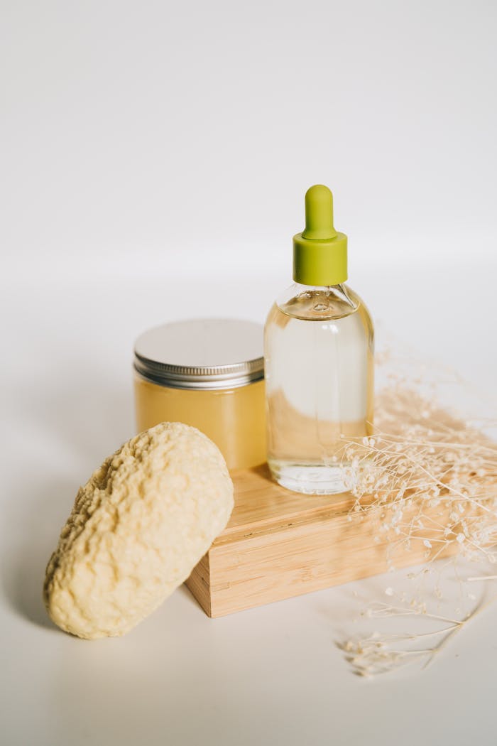 Services Elegant setup of skincare products with a natural aesthetic, perfect for beauty branding.